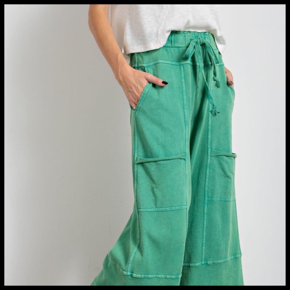 EASEL "Perfect Cargo" Terry Knit Mineral Washed Flared Leg Pants Raw Seams, Hems - Picture 9 of 15